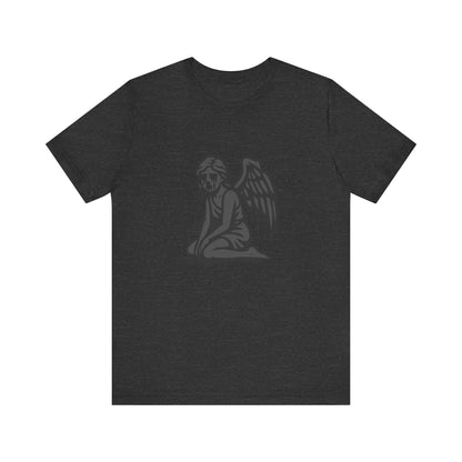 Fallen Angel Dark Theme Graphic T-Shirt – Dark Grayscale Crying Angel Design on Black Tee with Gothic Mood and Modern Ghost Effect. Unisex Jersey Short Sleeve Tee