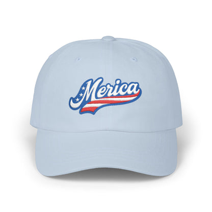 MERICA Embroidered Classic Dad Hat – Patriotic USA Hat with Bold Stars and Stripes Script Design for 4th of July and American Pride
