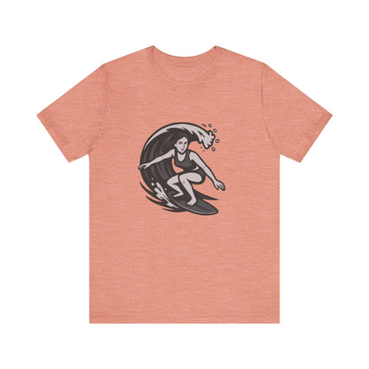 Surf Girl Graphic T-Shirt – Dark Theme Grayscale Female Surfer Riding Wave on Black Tee with Flow State Energy and Modern Ghost Effect. Unisex Jersey Short Sleeve Tee