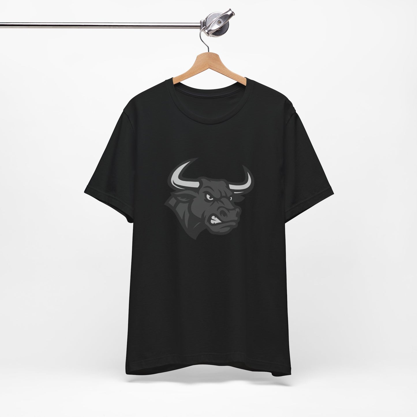 Angry Bull Graphic T-Shirt – Dark Theme Grayscale Bull Head Design on Black Tee for Streetwear, Gym, or Bold Urban Style. Unisex Jersey Short Sleeve Tee