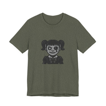 Scary Doll Graphic T-Shirt – Dark Theme Grayscale Creepy Cute Girl Design on Black Tee with Haunted Vibes and Modern Ghost Effect. Unisex Jersey Short Sleeve Tee