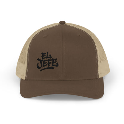 El Jefe Trucker Hat – Embroidered Bold Text Hat for Boss Energy, Leadership Style, and Latin Flair. Black Letters