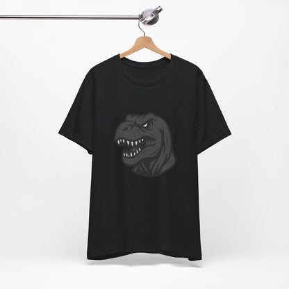 T-Rex Profile Graphic T-Shirt – Dark Theme Grayscale Dinosaur Head on Black Tee with Prehistoric Power and Modern Ghost Effect. Unisex Jersey Short Sleeve Tee