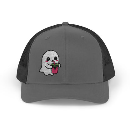 Cute Ghost Trucker Hat – Embroidered Kawaii Ghost Drinking Hat for Halloween Vibes and Everyday Boo Energy