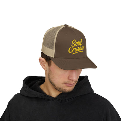 Soul Crusher Trucker Hat – Clean Script Hat with Bold Edge for Heartbreakers, Villains, and Power Moves. Yellow Letters