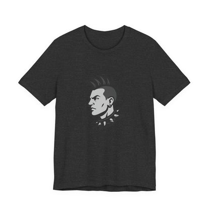 Punk Guy Graphic T-Shirt – Dark Theme Grayscale Mohawk Portrait on Black Tee with Attitude and Subtle Modern Ghost Effect. Unisex Jersey Short Sleeve Tee