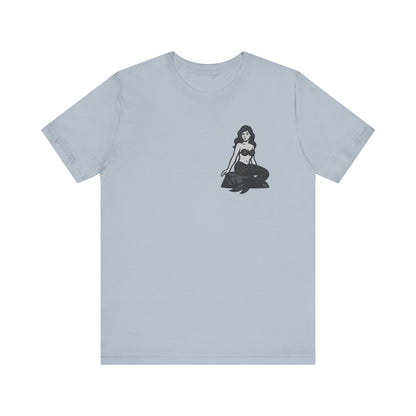 Mermaid Graphic T-Shirt – Dark Theme Grayscale Siren on Rock Design on Black Tee with Fantasy Vibes and Modern Ghost Effect. Unisex Jersey Short Sleeve Tee