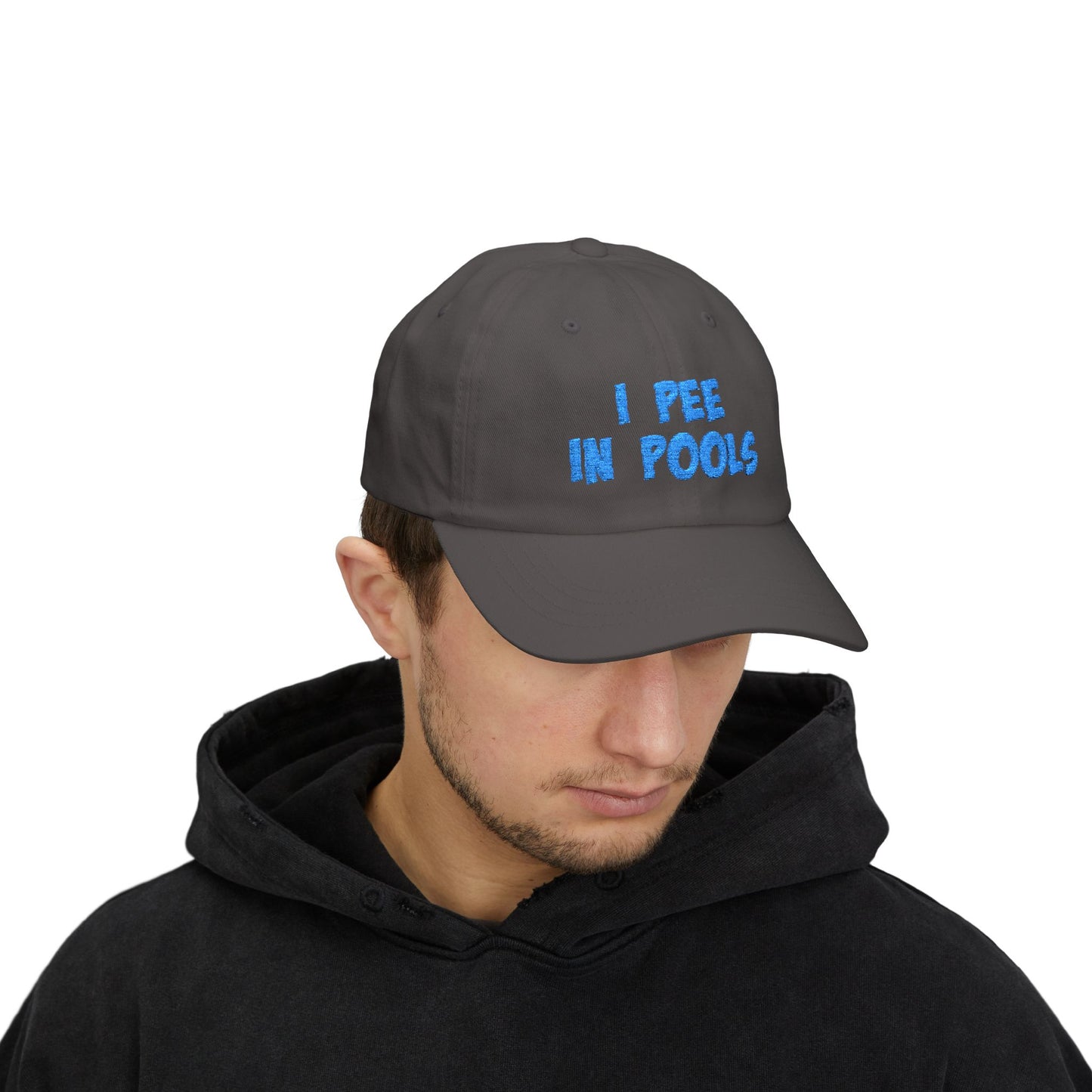 I Pee In Pools Embroidered Classic Dad Hat – Funny Baseball Hat with Bold Blue Text for Lifeguard Terrors and Poolside Menaces