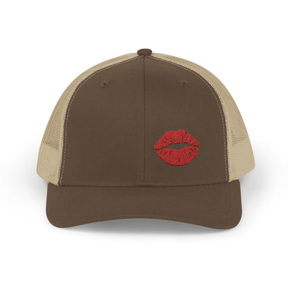 Red Lips Trucker Hat – Embroidered Pop Art Hat with Kiss Design