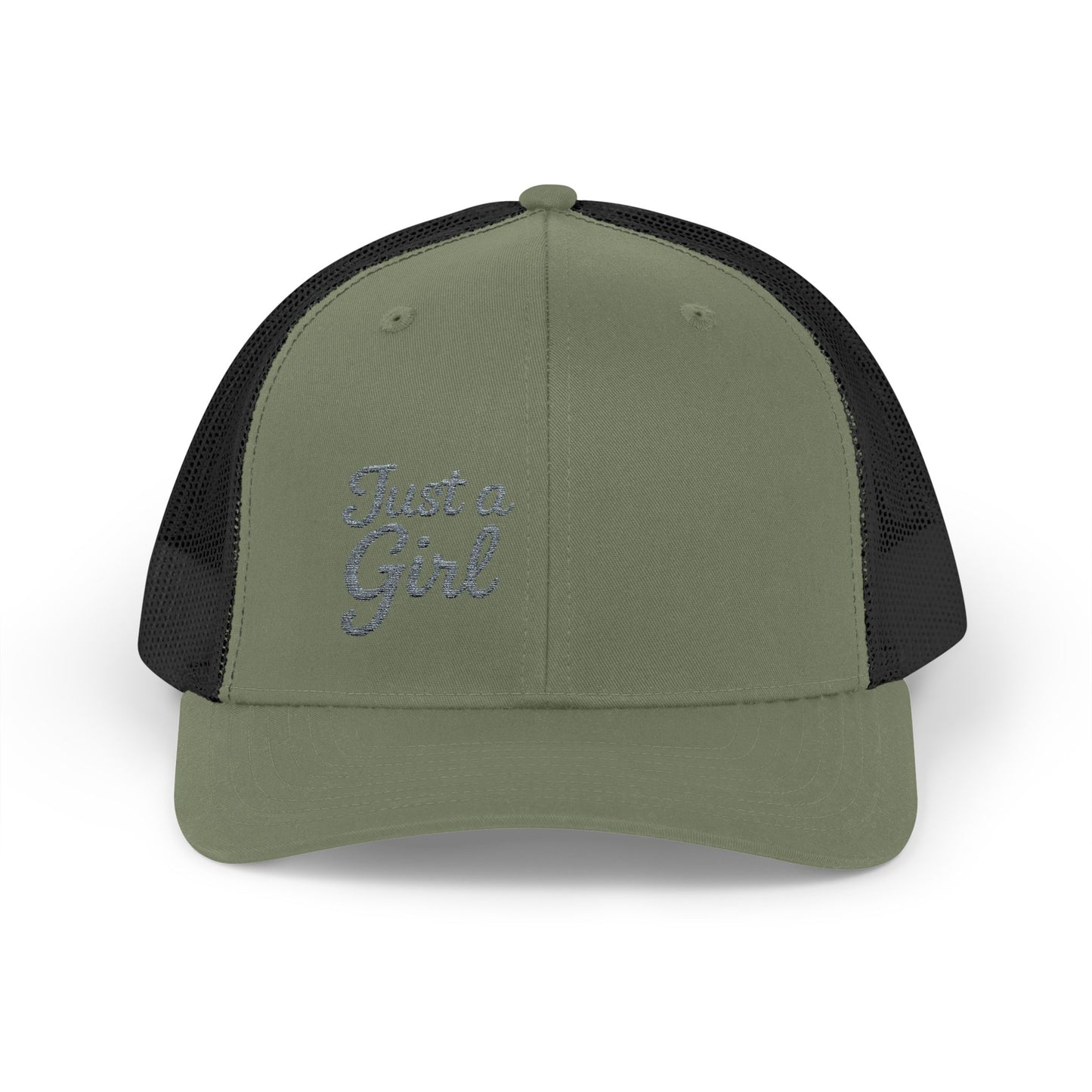 Just a Girl Trucker Hat – Minimalist Script Hat with Bold Feminine Energy and Classic Style. Grey Letters