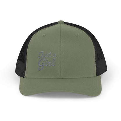 Just a Girl Trucker Hat – Minimalist Script Hat with Bold Feminine Energy and Classic Style. Grey Letters