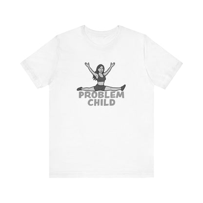 Problem Child Graphic Tee Cheerful Rebel Jump Pose in Bold Dark Theme Monochrome Style. Unisex Jersey Short Sleeve Tee