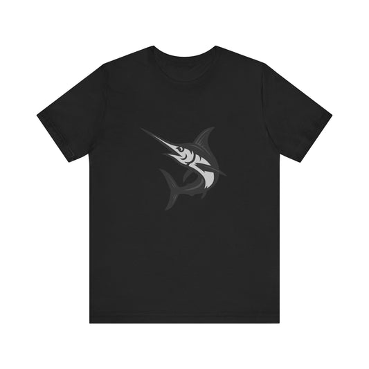 Swordfish Graphic T-Shirt – Dark Theme Grayscale Ocean Predator Design on Black Tee with Streamlined Power and Modern Ghost Effect. Unisex Jersey Short Sleeve Tee