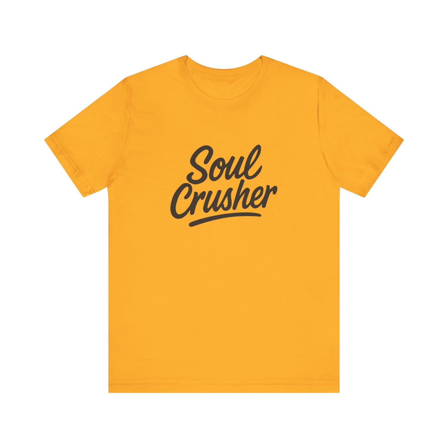 Soul Crusher Text T-Shirt – Dark Theme Grayscale Script Typography on Black Tee with Dark Energy and Modern Ghost Effect. Unisex Jersey Short Sleeve Tee