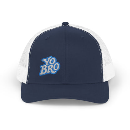 Yo Bro Trucker Hat – Embroidered Blue & White Hat for Laid-Back Vibes