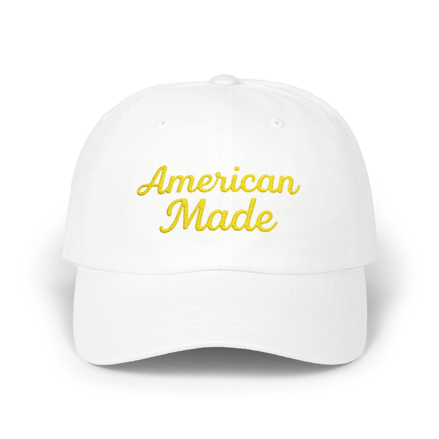 American Made Classic Dad Hat – Embroidered Patriotic Baseball Hat with Retro Script for USA Pride and Everyday Wear.  Yellow letters