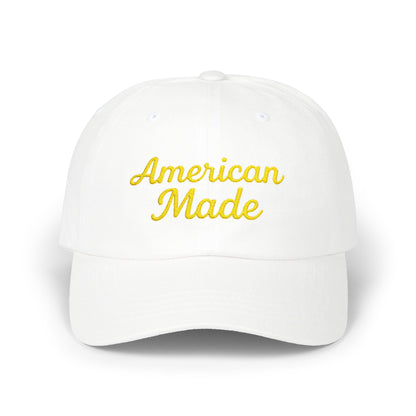 American Made Classic Dad Hat – Embroidered Patriotic Baseball Hat with Retro Script for USA Pride and Everyday Wear.  Yellow letters