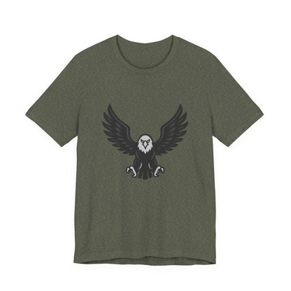 Eagle Wings Graphic T-Shirt – Dark Theme Grayscale Soaring Predator Design on Black Tee with Intensity and Modern Ghost Effect. Unisex Jersey Short Sleeve Tee
