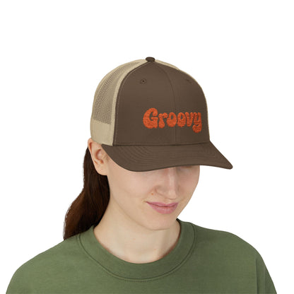 Groovy Trucker Hat – Retro Embroidered Hat with 70s Style Font for Funky Vibes, Chill Days, and Vintage Cool. Orange Letters