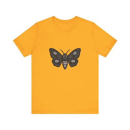Moth Graphic T-Shirt – Dark Theme Grayscale Winged Insect Design on Black Tee with Gothic Mood and Subtle Modern Ghost Effect. Unisex Jersey Short Sleeve Tee