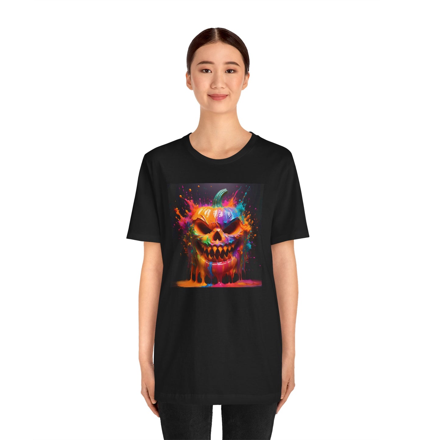 Neon Splatter Pumpkin Halloween Shirt – Vibrant Dripping Jack-o’-Lantern Graphic Tee for Bold Spooky Style