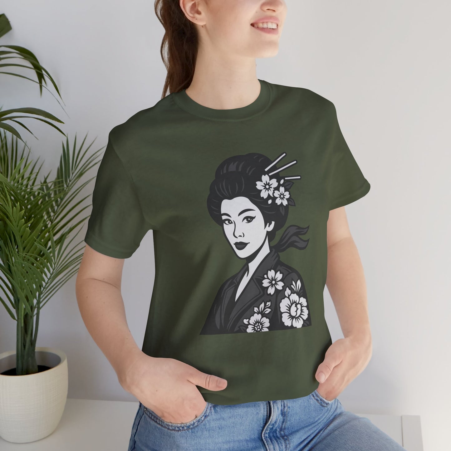 Floral Geisha Graphic Tee Dark Theme – Elegant Vector Portrait with Modern Ghost Effect