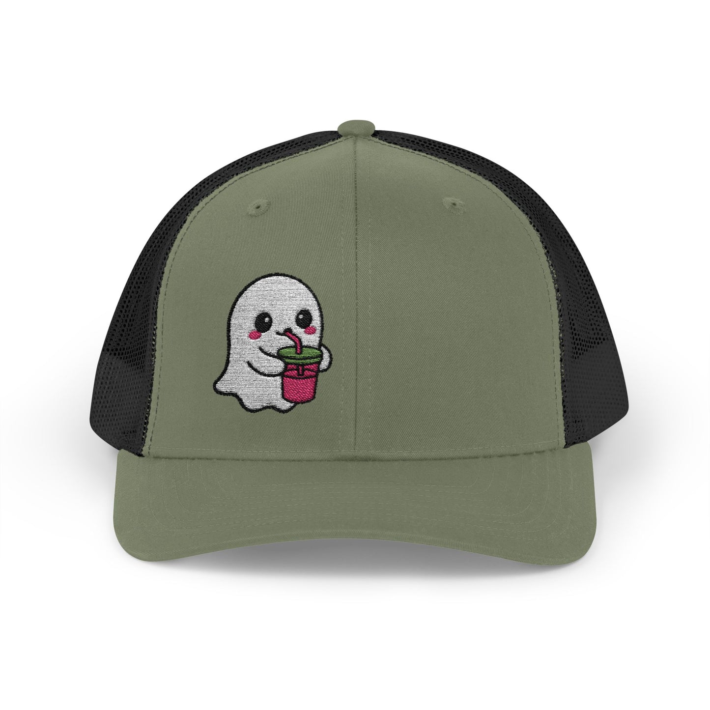 Cute Ghost Trucker Hat – Embroidered Kawaii Ghost Drinking Hat for Halloween Vibes and Everyday Boo Energy
