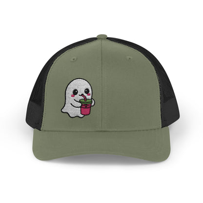 Cute Ghost Trucker Hat – Embroidered Kawaii Ghost Drinking Hat for Halloween Vibes and Everyday Boo Energy