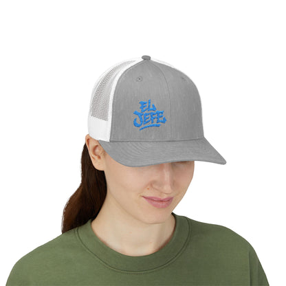 El Jefe Trucker Hat – Embroidered Bold Text Hat for Boss Energy, Leadership Style, and Latin Flair. Blue Letters