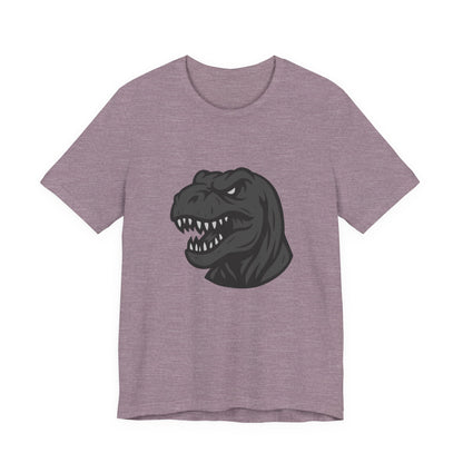 T-Rex Profile Graphic T-Shirt – Dark Theme Grayscale Dinosaur Head on Black Tee with Prehistoric Power and Modern Ghost Effect. Unisex Jersey Short Sleeve Tee