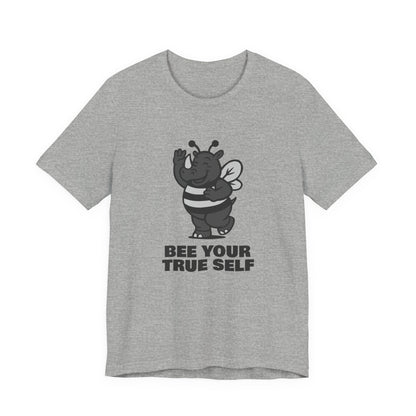 Bee Your True Self T-Shirt – Dark Theme Grayscale Rhino in Bee Costume on Black Tee with Wholesome Humor and Self-Expression Message. Unisex Jersey Short Sleeve Tee