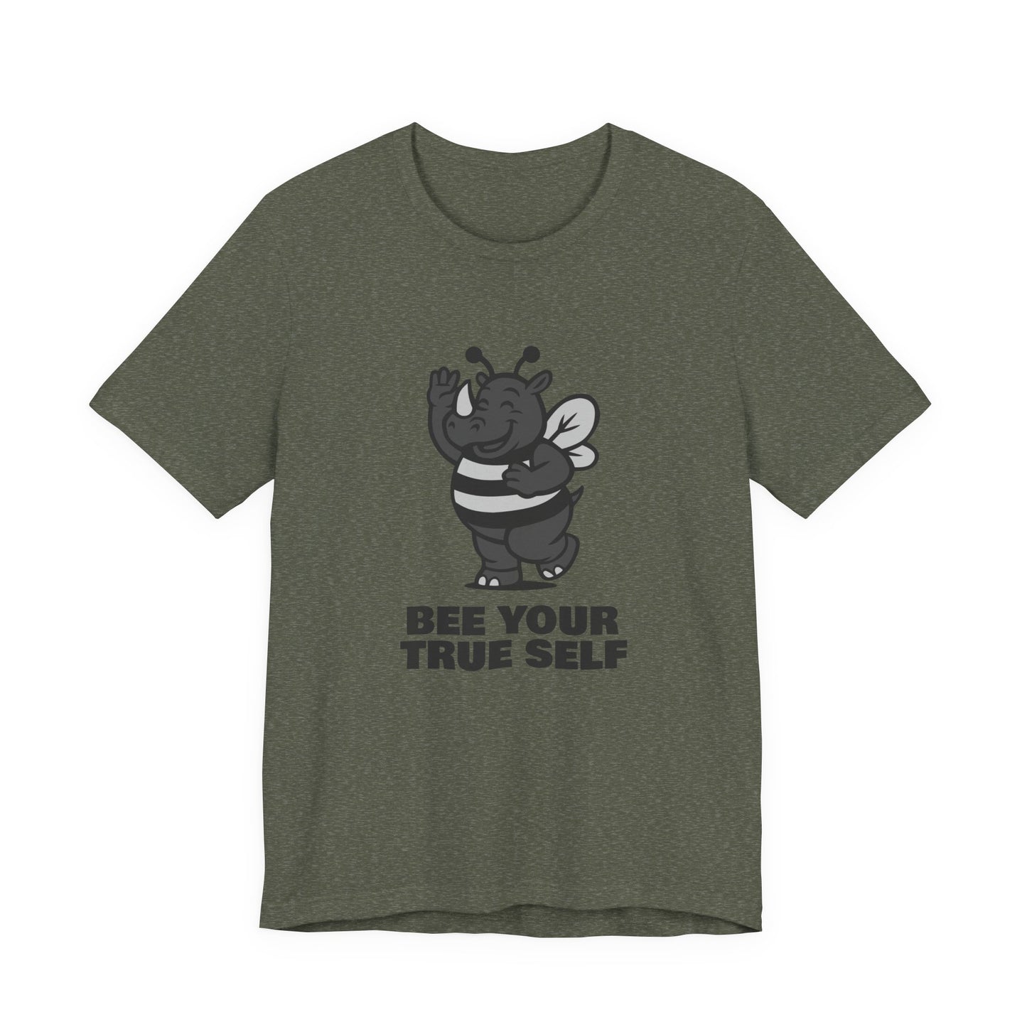 Bee Your True Self T-Shirt – Dark Theme Grayscale Rhino in Bee Costume on Black Tee with Wholesome Humor and Self-Expression Message. Unisex Jersey Short Sleeve Tee