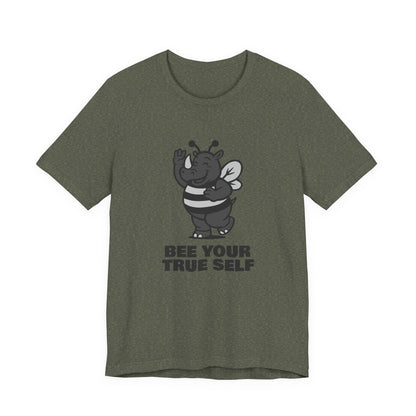 Bee Your True Self T-Shirt – Dark Theme Grayscale Rhino in Bee Costume on Black Tee with Wholesome Humor and Self-Expression Message. Unisex Jersey Short Sleeve Tee