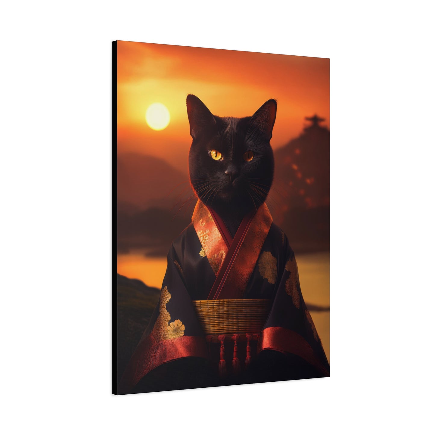 Zen Whiskers: Geisha Cat at Sunset Canvas Art | Stretched Matte Wall Decor 002