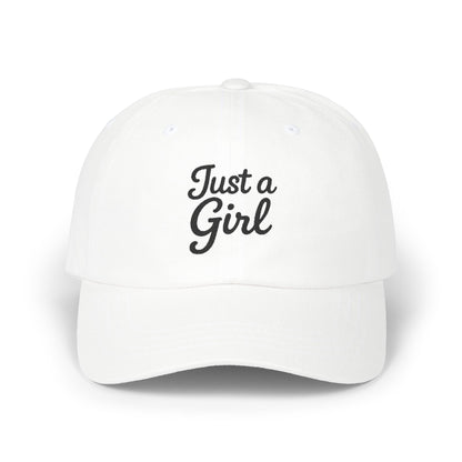 Just a Girl Embroidered Classic Dad Hat – Minimalist Script Baseball Hat with Bold Feminine Energy and Classic Style. Black Letters
