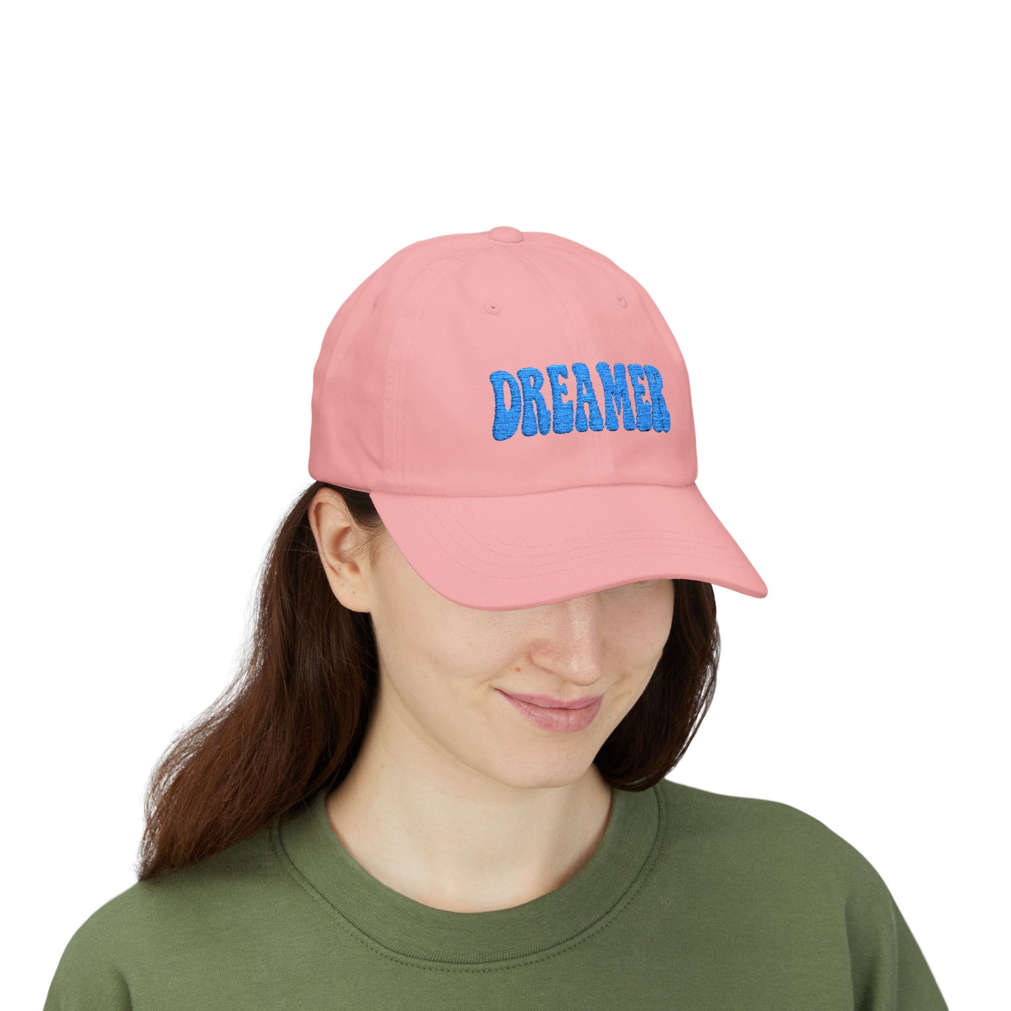 Dreamer Classic Dad Hat – Embroidered Minimalist Script Hat for Visionaries, Creatives, and Chill Daydreamers. Blue Letters