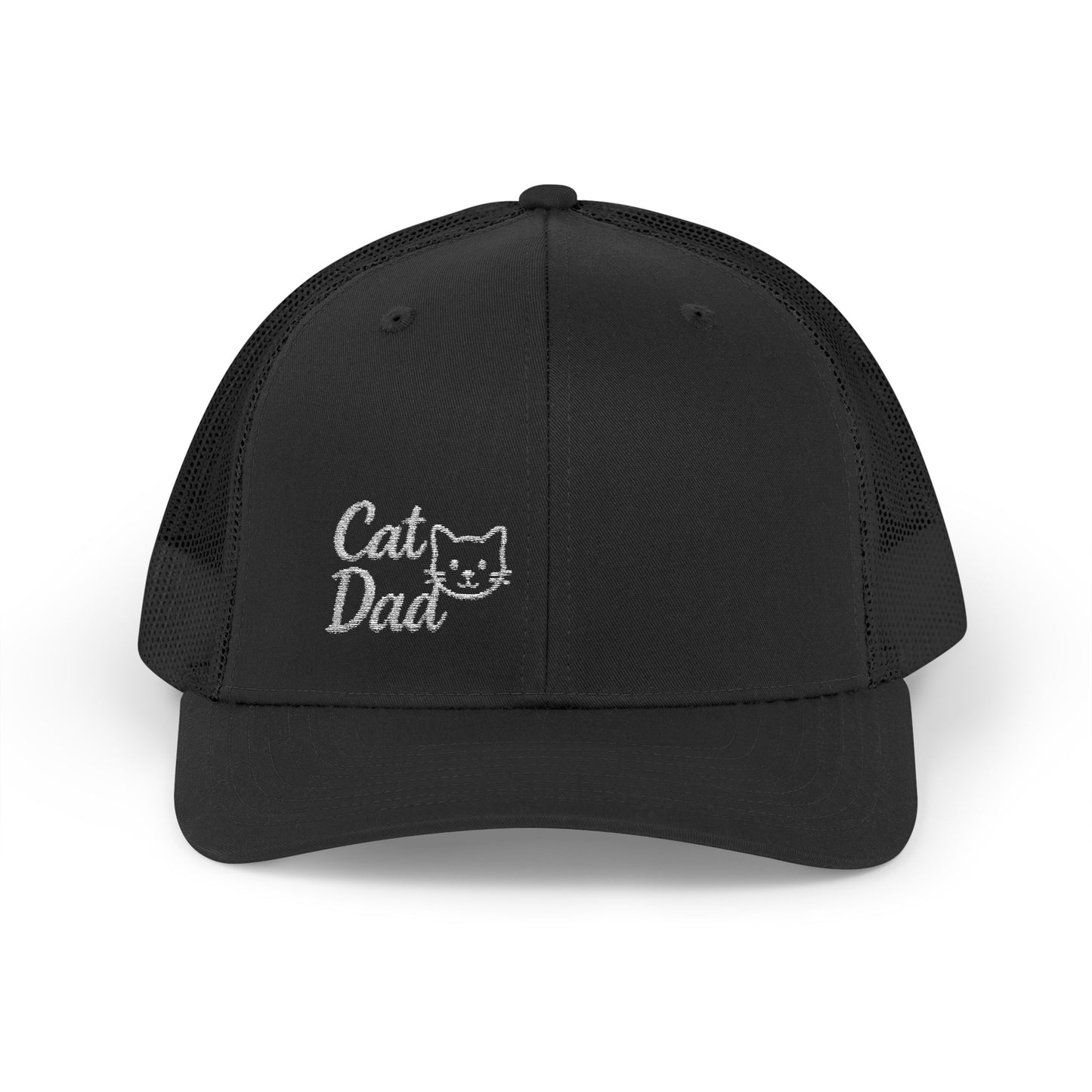 Cat Dad Trucker Hat – Embroidered Minimalist Cat Face Hat for Proud Pet Dads and Feline Fans. White Letters