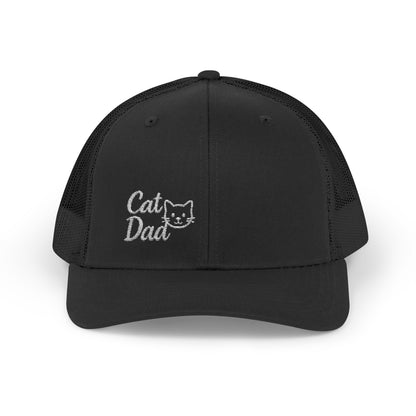 Cat Dad Trucker Hat – Embroidered Minimalist Cat Face Hat for Proud Pet Dads and Feline Fans. White Letters