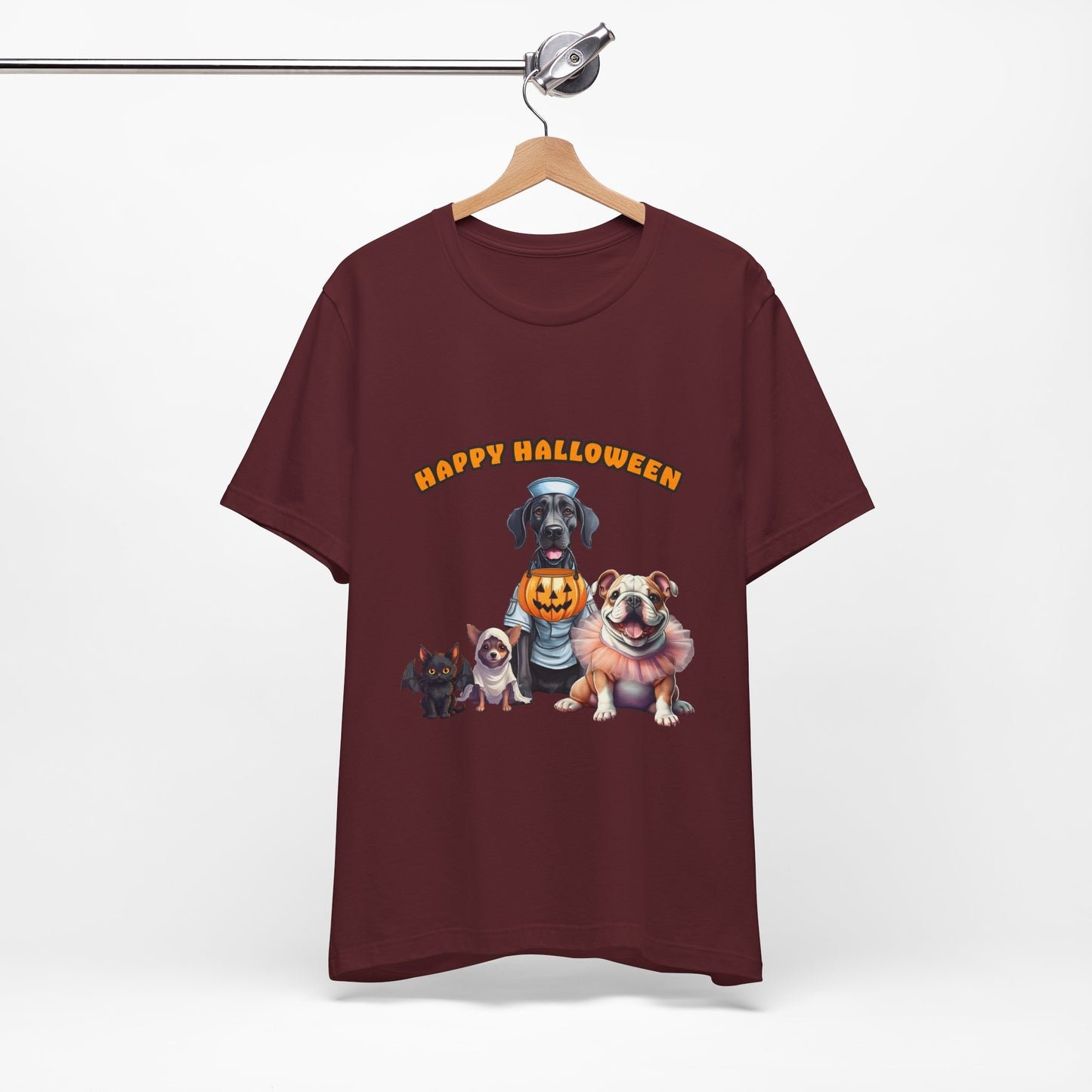 Happy Halloween Pet Parade Shirt – Cute Halloween Dogs and Cat in Costumes. Unisex Jersey Short Sleeve Tee