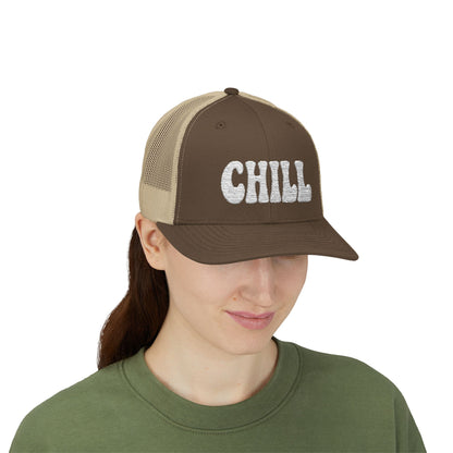 Chill Trucker Hat – Embroidered Relaxed Script Hat for Easygoing Vibes and Everyday Cool. White Letters