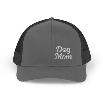 Dog Mom Trucker Hat – Embroidered Minimalist Dog Face Hat for Proud Pet Moms and Dog-Loving Style. White Letters