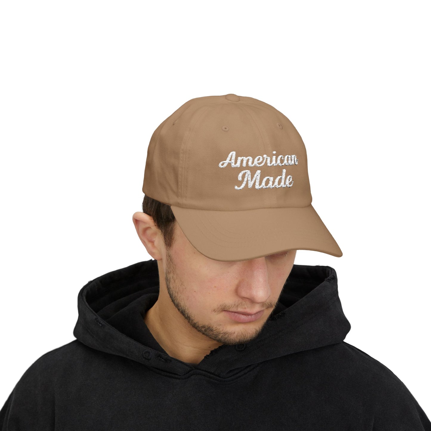 American Made Classic Dad Hat – Embroidered Patriotic Baseball Hat with Retro Script for USA Pride and Everyday Wear. White Letters