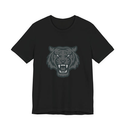 Tiger Head Graphic T-Shirt – Dark Theme Grayscale Roaring Beast Design on Black Tee with Fierce Focus and Modern Ghost Effect. Unisex Jersey Short Sleeve Tee