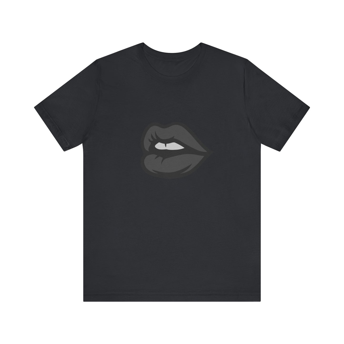 Dark Lips Graphic T-Shirt – Dark Theme Grayscale Biting Lip Design on Black Tee with Subtle Seduction and Modern Ghost Effect. Unisex Jersey Short Sleeve Tee