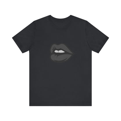 Dark Lips Graphic T-Shirt – Dark Theme Grayscale Biting Lip Design on Black Tee with Subtle Seduction and Modern Ghost Effect. Unisex Jersey Short Sleeve Tee