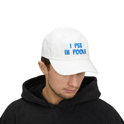 I Pee In Pools Embroidered Classic Dad Hat – Funny Baseball Hat with Bold Blue Text for Lifeguard Terrors and Poolside Menaces