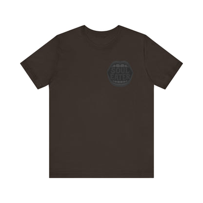 Soul Eater Mouth Graphic T-Shirt – Dark Theme Grayscale Teeth Typography on Black Tee with Horror Vibes and Modern Ghost Effect. Unisex Jersey Short Sleeve Tee