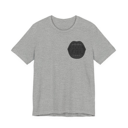 Soul Eater Mouth Graphic T-Shirt – Dark Theme Grayscale Teeth Typography on Black Tee with Horror Vibes and Modern Ghost Effect. Unisex Jersey Short Sleeve Tee