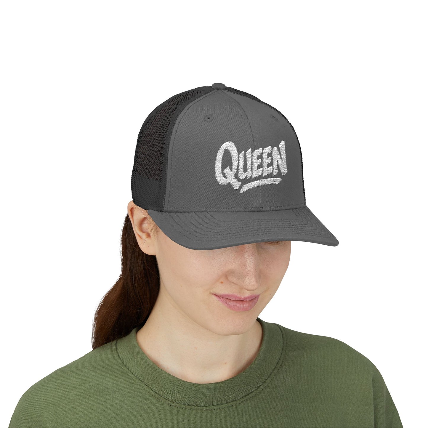 Queen Trucker Hat – Embroidered Crown Hat for Confident Women. White Letters