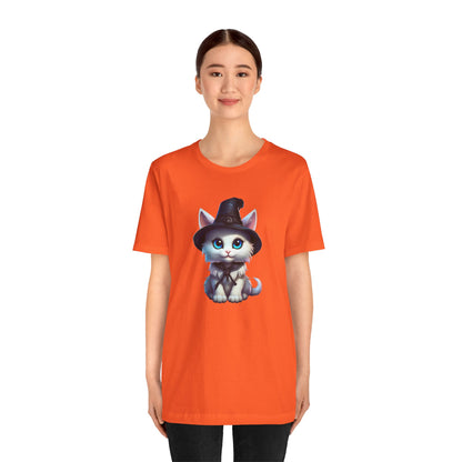 Adorable Witch Cat Halloween Shirt – Cute White Cat in Hat Graphic Tee for Cat Lovers and Halloween Fans